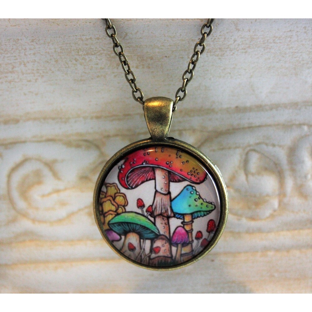 Mushroom Pendant Necklace: Colorful Boho Glass Cabochon Jewelry